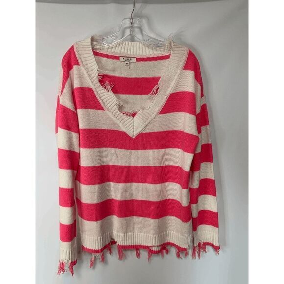 Andree by Unit Womens Sweater Distressed V Neck Stripes Pink Medium - Picture 1 of 9